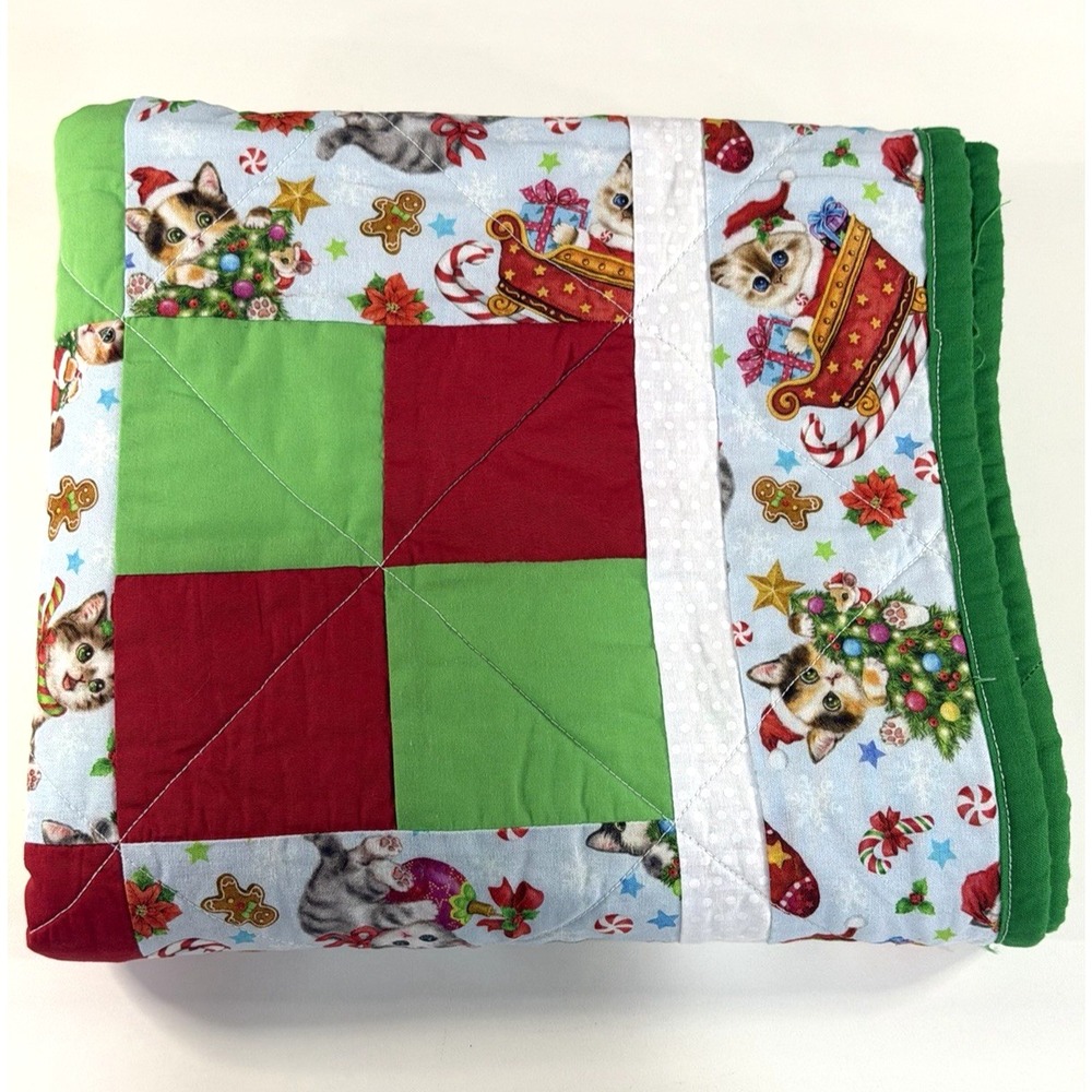 Handmade Christmas Kitten Quilt Holiday Baby Blanket & Cat Lover Lap Throw 42x36